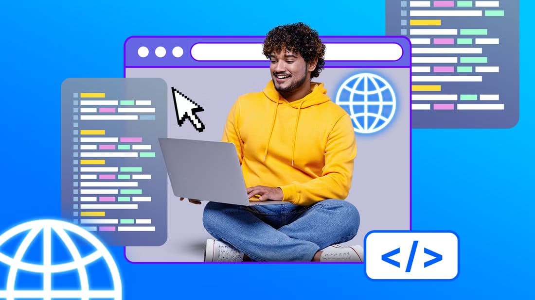 smiling-man-sitting-cross-legged-with-a-laptop-surrounded-by-code-snippets-web-browser-graphics-and-internet-icons-on-a-bright-blue-background أفضل أدوات البرمجة وبيئات التطوير التي يحتاجها طلاب علوم الكمبيوتر