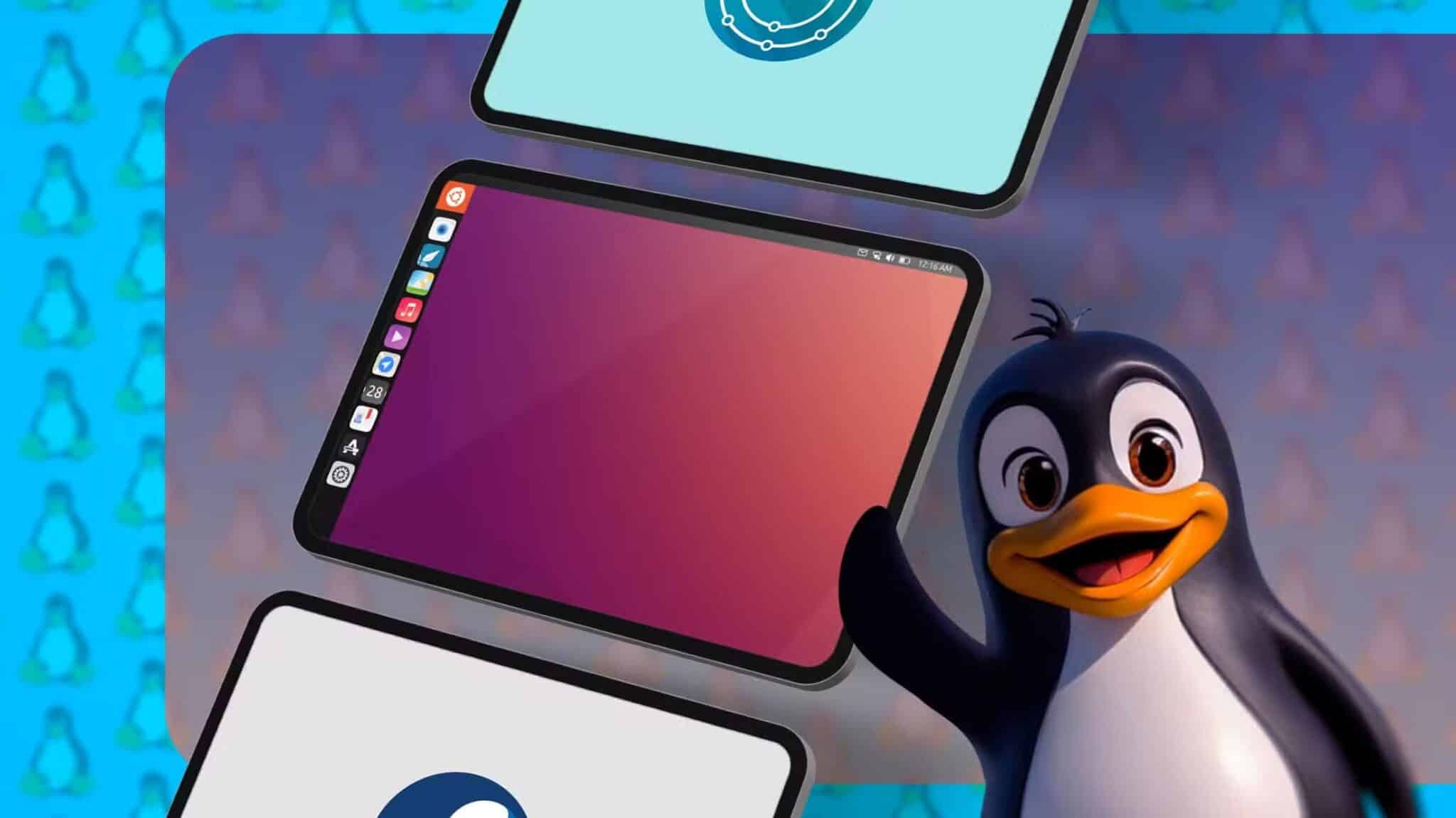 some-tablets-with-linux-and-the-linux-mascot-scaled أفضل توزيعات Linux للمبتدئين والمحترفين حسب الأداء والسهولة