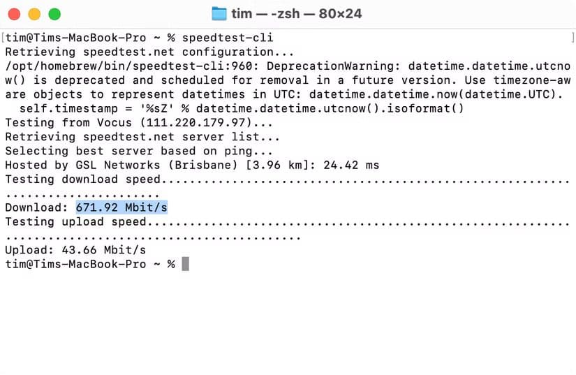 speedtest-cli-running-in-terminal-on-macos أشياء مفيدة يمكنك القيام بها في Terminal دون الحاجة للمتصفح