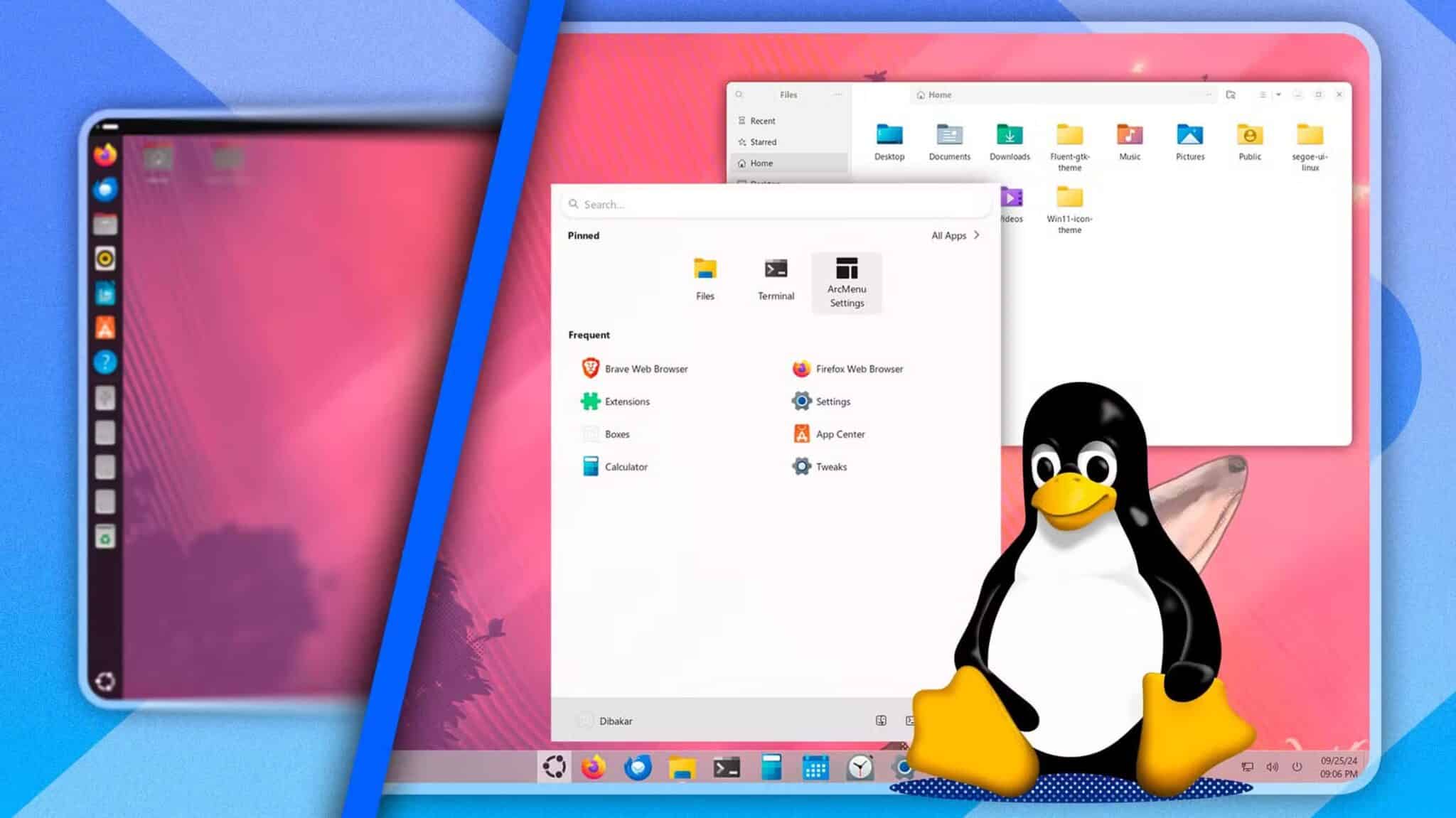 split-screen-with-standard-ubuntu-on-the-left-and-ubuntu-similar-to-linux-on-the-right-with-tux-next-to-it-scaled تطبيقات Linux المفيدة التي يستخدمها كثير من المحترفين