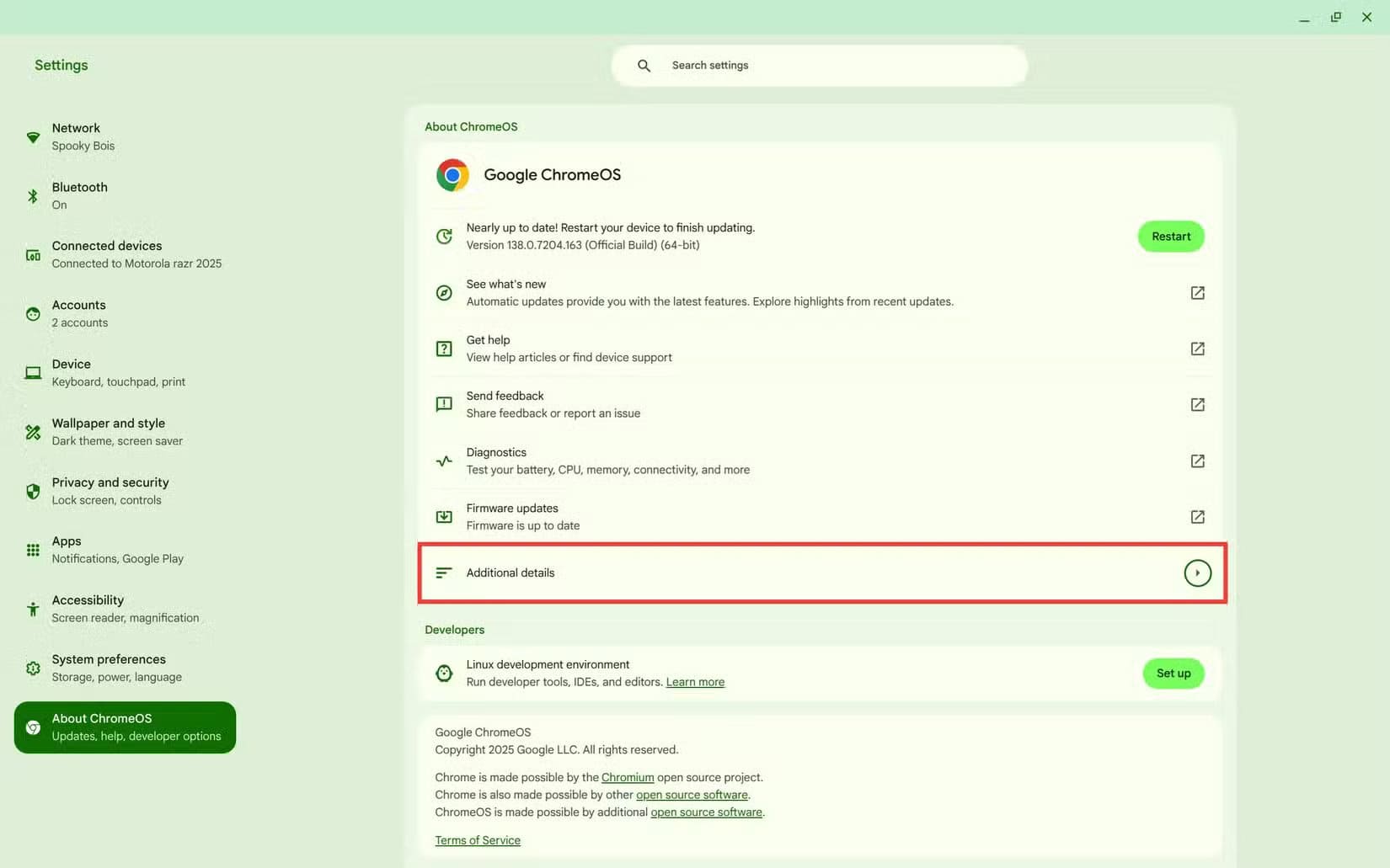 the-about-chromeos-section-of-the-chromebook-settings-app-additional-details خطوات تحديث جهاز Chromebook وحل مشاكل التحديث الشائعة