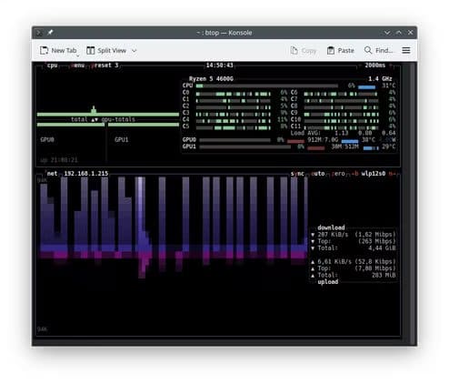 the-btop-app-in-a-konsole-window-with-an-alternative-preset تطبيقات Linux المفيدة التي يستخدمها كثير من المحترفين
