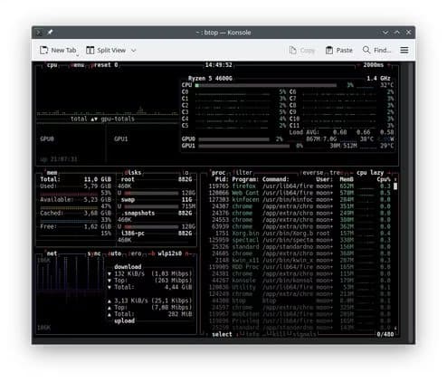 the-btop-app-in-a-konsole-window-with-the-default-theme تطبيقات Linux المفيدة التي يستخدمها كثير من المحترفين