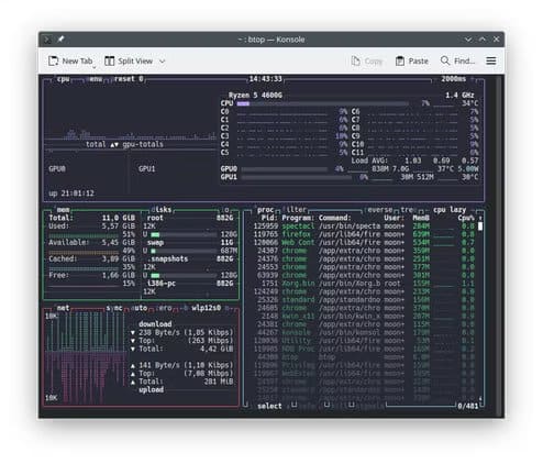 the-btop-app-in-a-konsole-window-with-the-dracula-theme-activated تطبيقات Linux المفيدة التي يستخدمها كثير من المحترفين