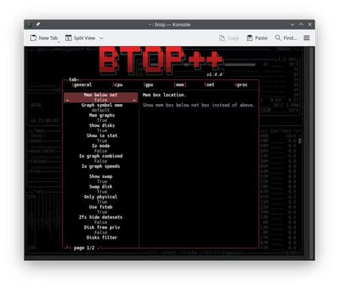 the-btop-app-in-a-konsole-window-with-the-memory-settings-open تطبيقات Linux المفيدة التي يستخدمها كثير من المحترفين