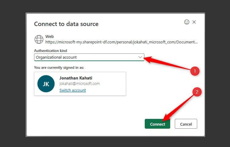 the-connect-to-data-source-dialog-box-in-excel-for-the-web-with-organizational-account-selected-in-the-authentication-kind-field ميزات Microsoft Excel الجديدة التي تُسهل عملك وتزيد الإنتاجية