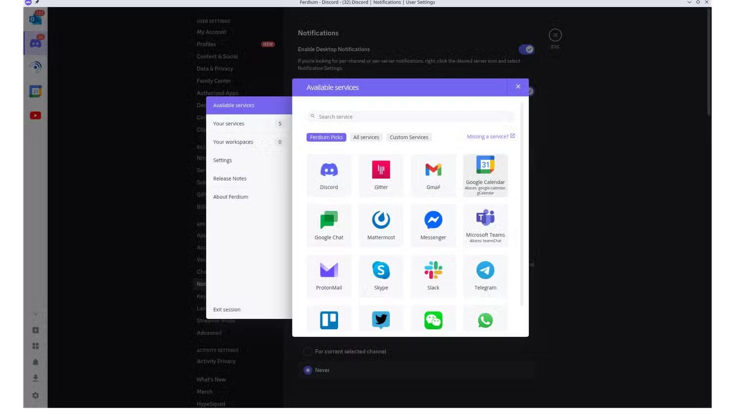 the-ferdium-app-with-a-new-service-dialog-visible تطبيقات Linux المفيدة التي يستخدمها كثير من المحترفين