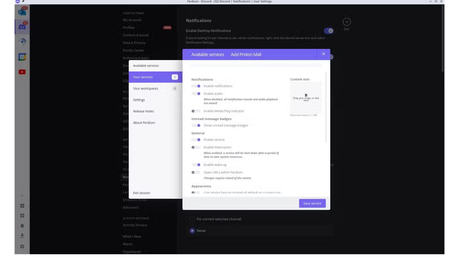 the-ferdium-app-with-settings-for-a-new-protonmail-service-visible تطبيقات Linux المفيدة التي يستخدمها كثير من المحترفين