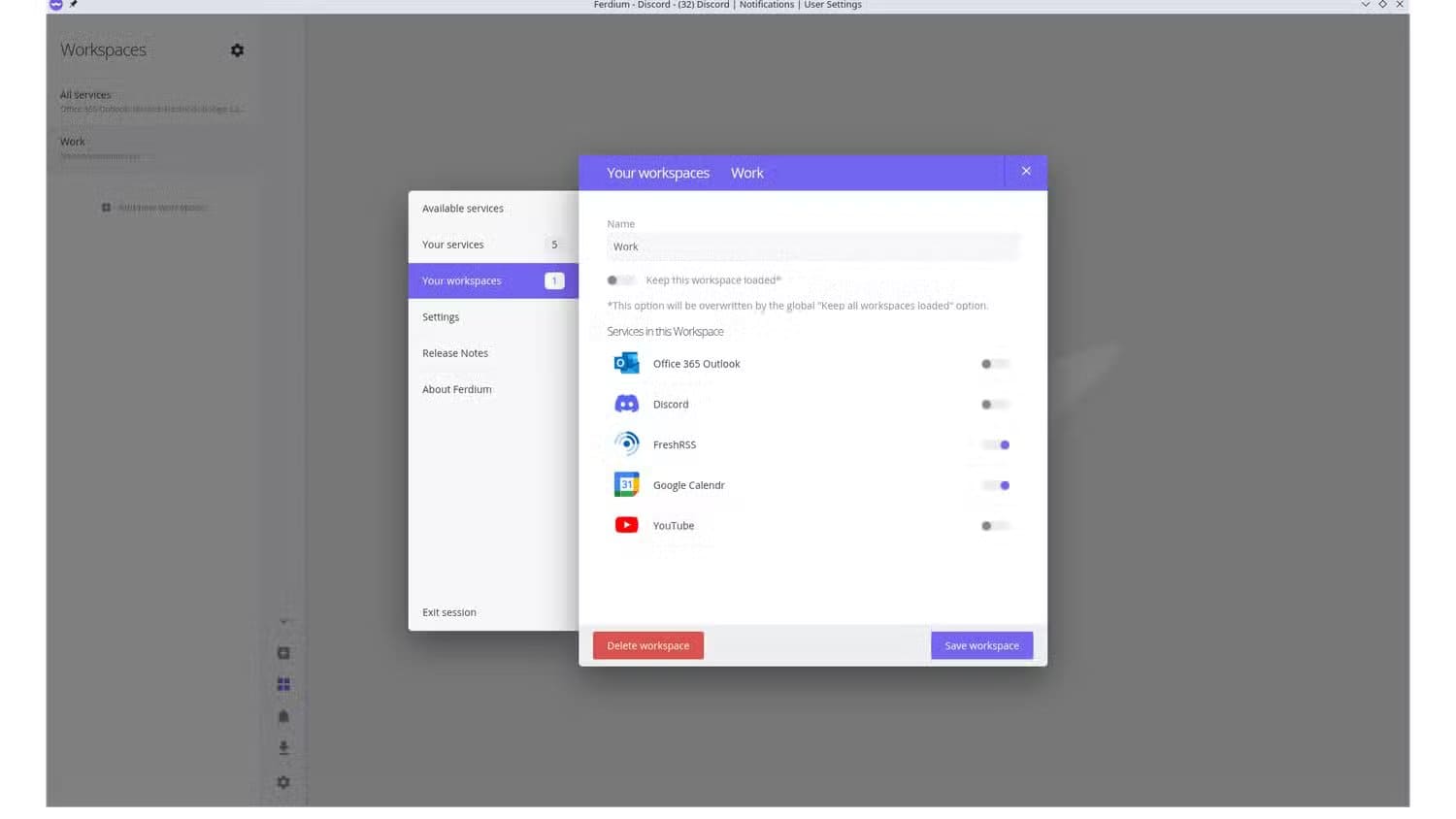 the-ferdium-app-with-the-workspace-settings-open تطبيقات Linux المفيدة التي يستخدمها كثير من المحترفين
