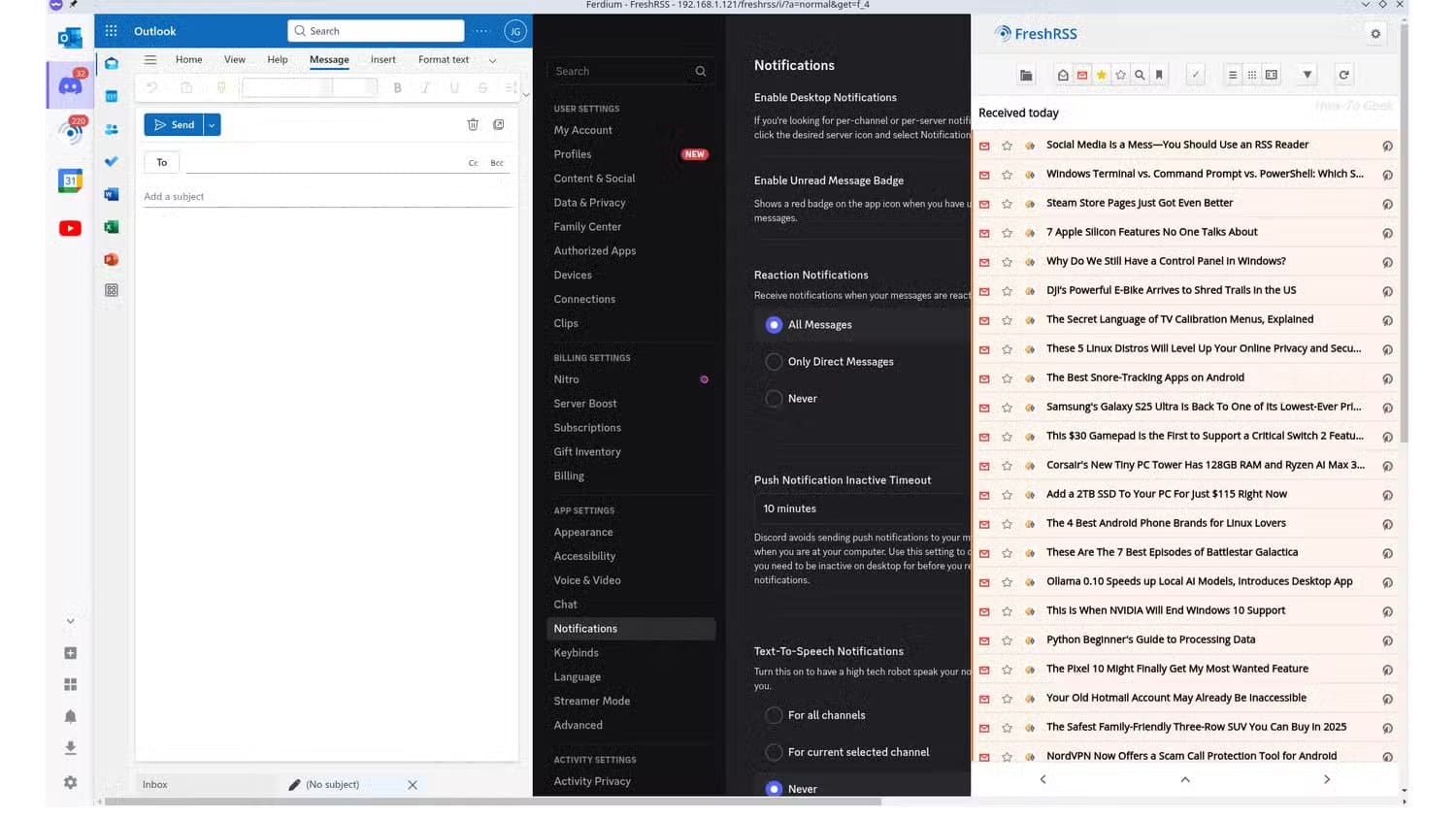 the-ferdium-app-with-three-different-web-apps-open-in-columns تطبيقات Linux المفيدة التي يستخدمها كثير من المحترفين