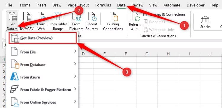 the-get-data-preview-option-in-the-get-data-drop-down-menu-of-the-data-tab-on-the-microsoft-excel-ribbon ميزات Microsoft Excel الجديدة التي تُسهل عملك وتزيد الإنتاجية