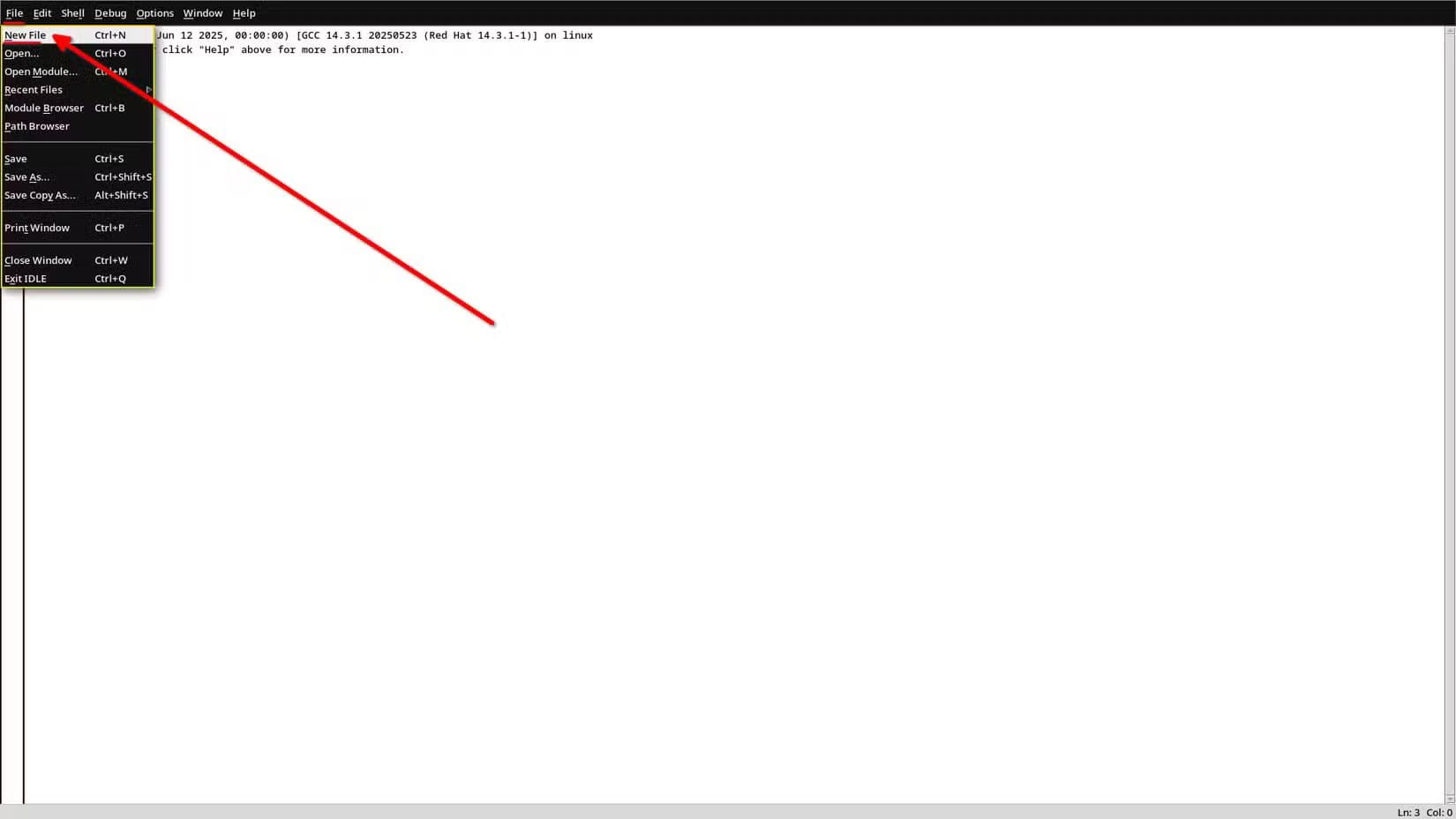 the-idle-repl-window-is-open-with-the-file-menu-expanded-showing-its-options-the-new-file-menu-item-is-highlighted-in-red-to-draw-attention تعلم أساسيات لغة بايثون للمبتدئين خطوة بخطوة