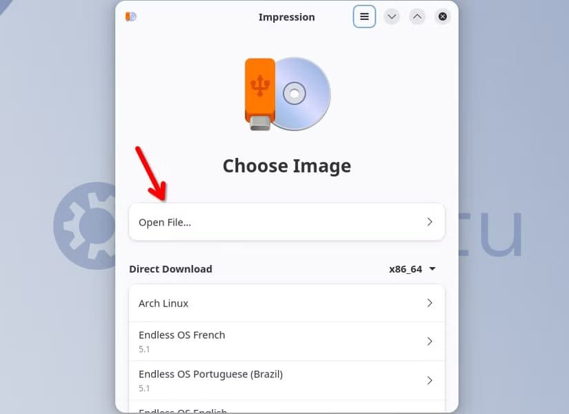 the-impression-app-with-a-red-arrow-pointing-to-the-open-file-button طريقة إنشاء USB لتشغيل Linux على الكمبيوتر أو Mac
