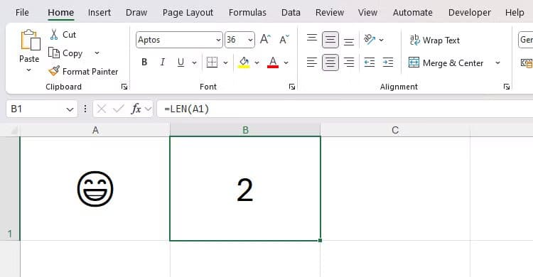 the-len-function-double-counting-an-emoji-in-microsoft-excel ميزات Microsoft Excel الجديدة التي تُسهل عملك وتزيد الإنتاجية