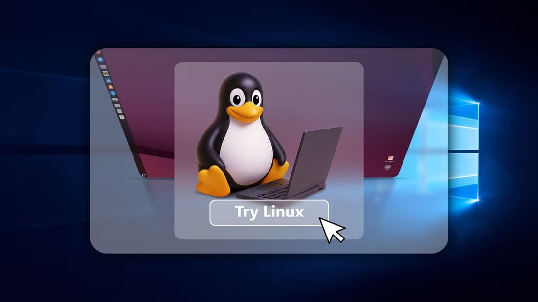 the-linux-mascot-sitting-with-a-laptop-and-a-try-linux-button-overlaid-on-a-windows-10-desktop-with-a-linux-interface-in-the-background تجربة نظام Linux مباشرة من جهازك بدون الحاجة إلى تثبيت