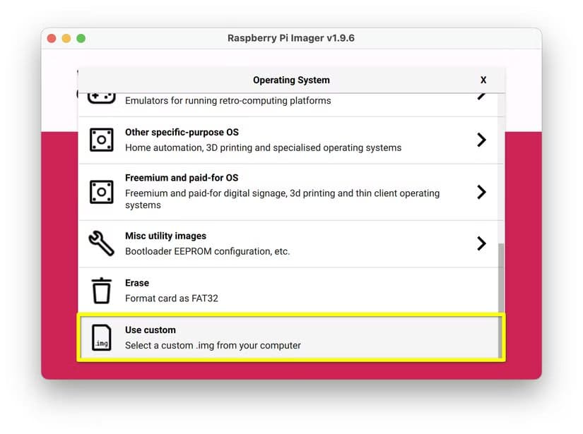 the-raspberry-pi-imager-os-menu-with-a-yellow-box-around-the-use-custom-option طريقة إنشاء USB لتشغيل Linux على الكمبيوتر أو Mac