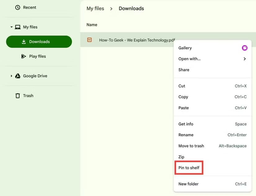 the-right-click-menu-in-the-chromebook-files-app-with-a-red-box-around-the-pin-to-shelf-option-cropped ما هي حقيبة Chromebook Tote وما الفائدة من استخدامها