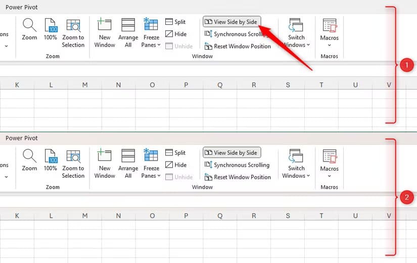 the-side-by-side-view-in-excel-for-windows-is-activated-resulting-in-the-workbook-being-duplicated-horizontally ميزات Microsoft Excel الجديدة التي تُسهل عملك وتزيد الإنتاجية