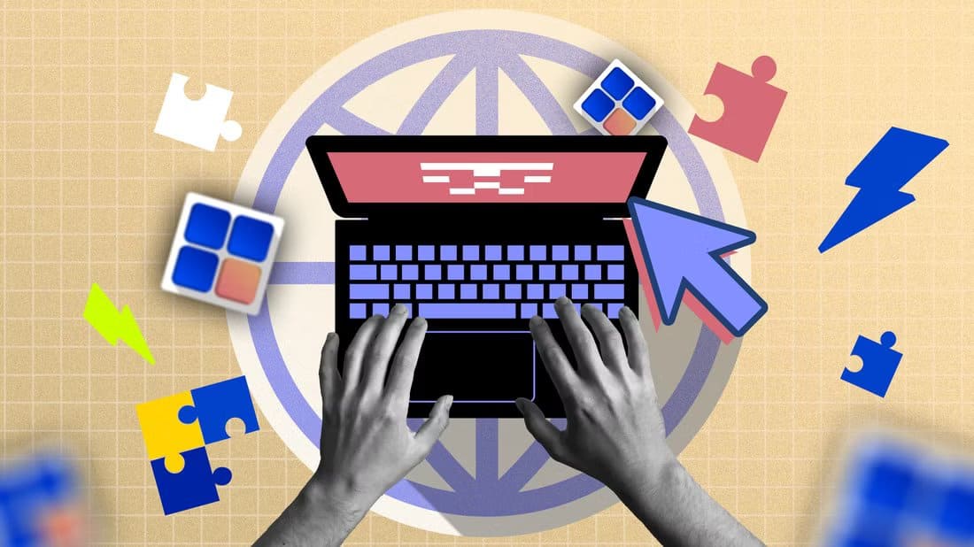 top-down-view-of-a-person-using-a-laptop-with-app-icons-around-and-a-website-icon-in-the-background لماذا أصبحت تجربة تصفح الإنترنت أسوأ رغم التطور التقني