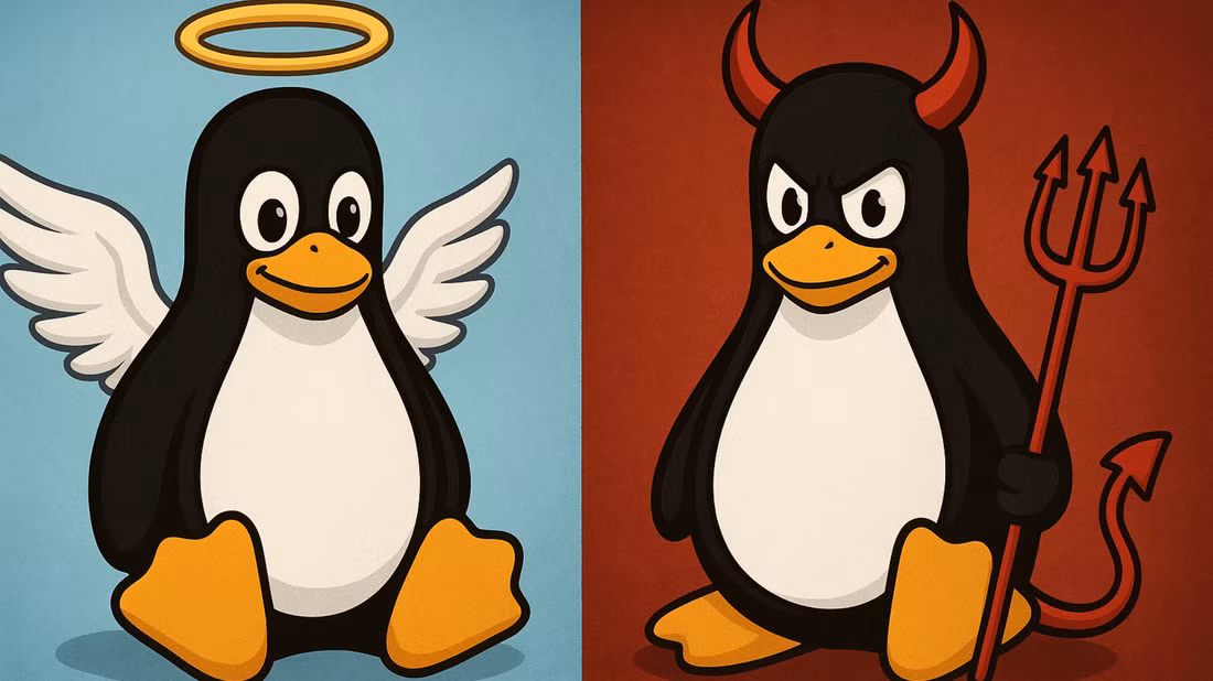 tux-the-penguin-as-both-an-angel-and-a-devil مزايا وعيوب المصدر المفتوح وتأثيره على مستقبل التكنولوجيا
