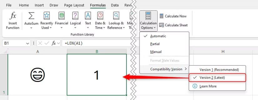 version-2-of-an-excel-workbook-is-selected-and-the-len-text-function-counts-a-unicode-character-once ميزات Microsoft Excel الجديدة التي تُسهل عملك وتزيد الإنتاجية