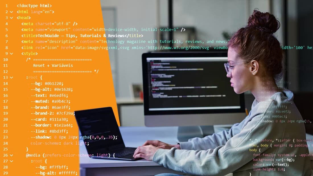woman-coding-on-a-laptop-with-an-html-and-css-code-panel-on-the-right-and-translucent-code-overlaid دليل شامل لفهم ألوان CSS واستخدامها باحتراف في تصميم المواقع