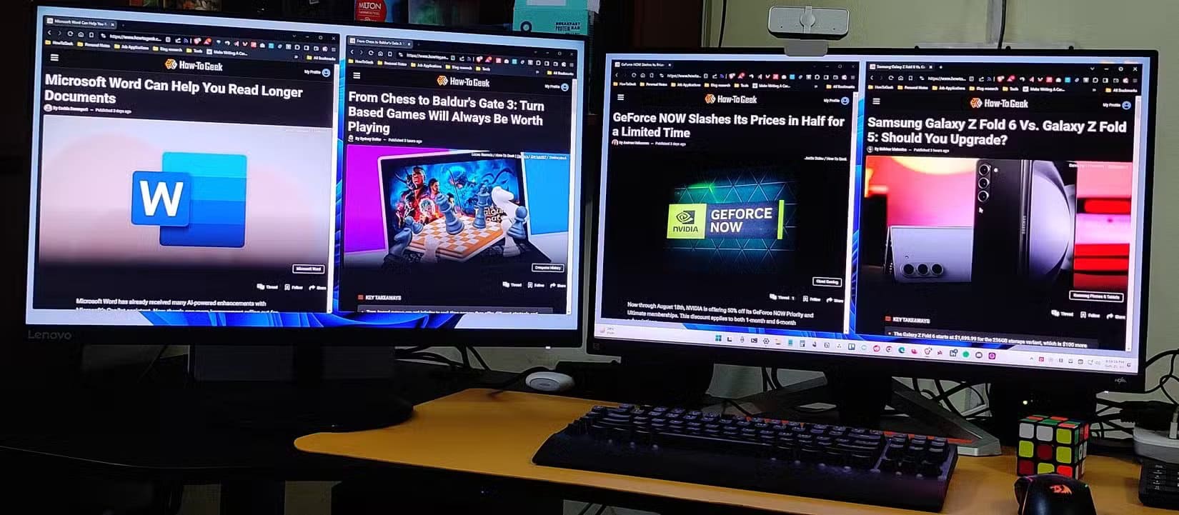 1-4-windows-open-in-a-dual-monitor-setup طريقة تشغيل أربعة أنظمة تشغيل على نفس الحاسوب بسهولة