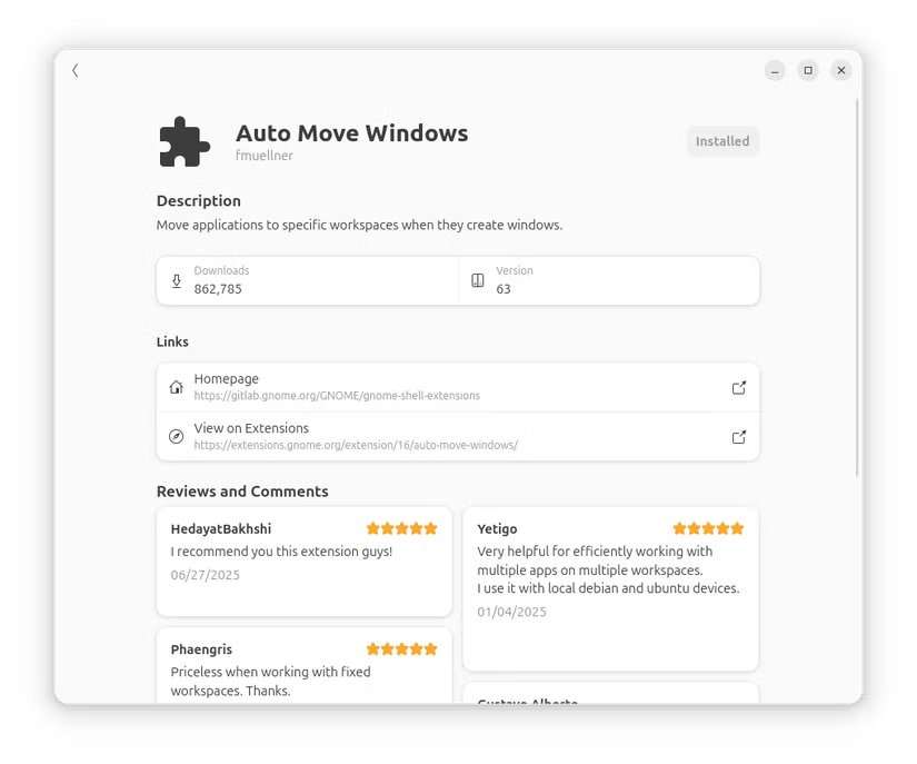 2-auto-move-windows-gnome-extension-install-page أفضل إضافات Ubuntu لتحسين إدارة النوافذ وزيادة الإنتاجية