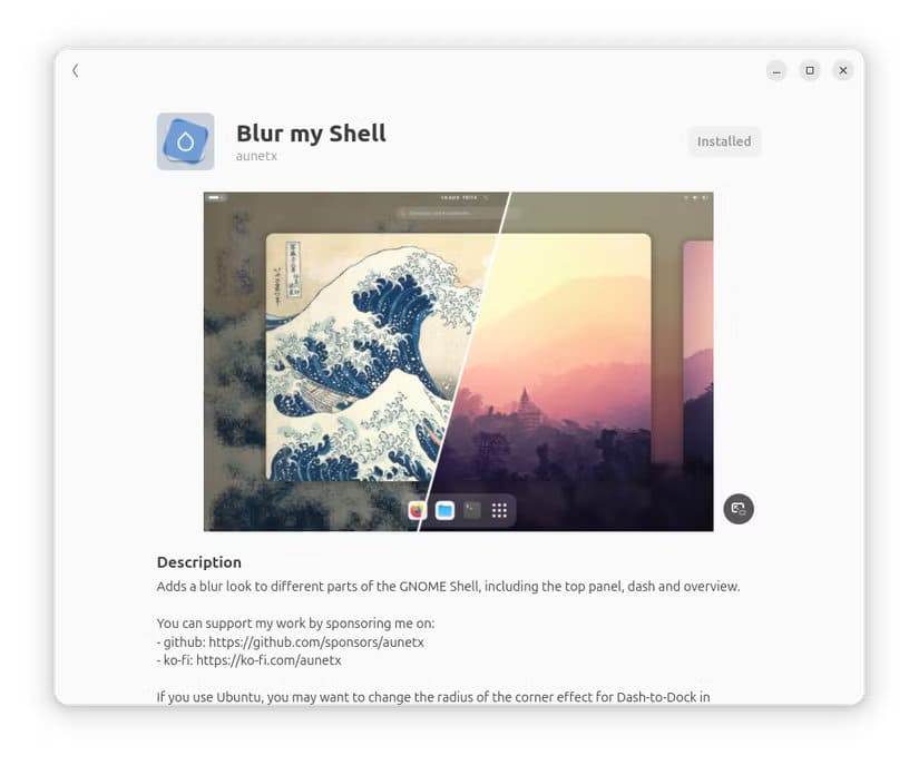 2-blur-my-shell-gnome-extension-install-page أفضل إضافات GNOME التي تجعل استخدام Ubuntu أكثر متعة وسلاسة