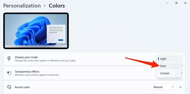 3-dark-mode-windows-11 أهم إعدادات ويندوز التي تحافظ على بطارية الكمبيوتر المحمول لفترة أطول