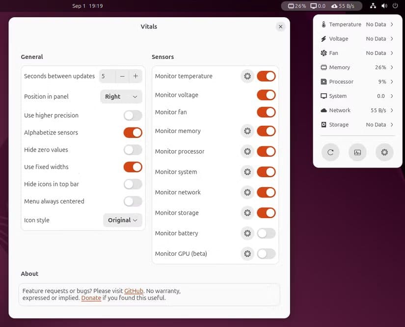 3a-vitals-extension-settings-and-panel-widget أفضل إضافات GNOME التي تجعل استخدام Ubuntu أكثر متعة وسلاسة