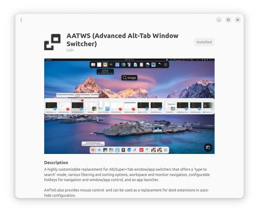 5-advanced-alt-tab-windows-switcher-gnome-extension-install-page أفضل إضافات Ubuntu لتحسين إدارة النوافذ وزيادة الإنتاجية
