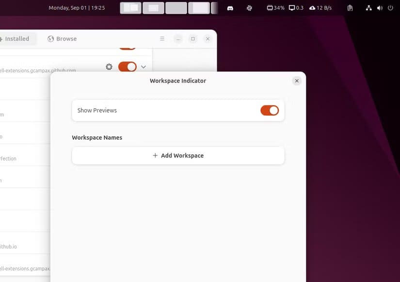 7a-workspace-indicator-extension-adding-a-workspace-switcher-to-ubuntu-panel أفضل إضافات GNOME التي تجعل استخدام Ubuntu أكثر متعة وسلاسة