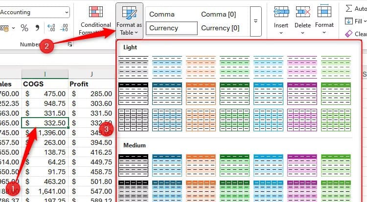a-cell-in-an-excel-dataset-is-selected-format-as-table-is-expanded-and-the-various-table-styles-are-displayed أفضل طرق تنظيم البيانات في Microsoft Excel بكفاءة