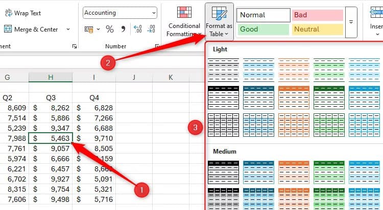 a-cell-in-an-unformatted-data-set-in-excel-is-selected-and-the-format-as-table-drop-down-menu-is-expanded أفضل طرق تنظيم البيانات في Microsoft Excel بكفاءة