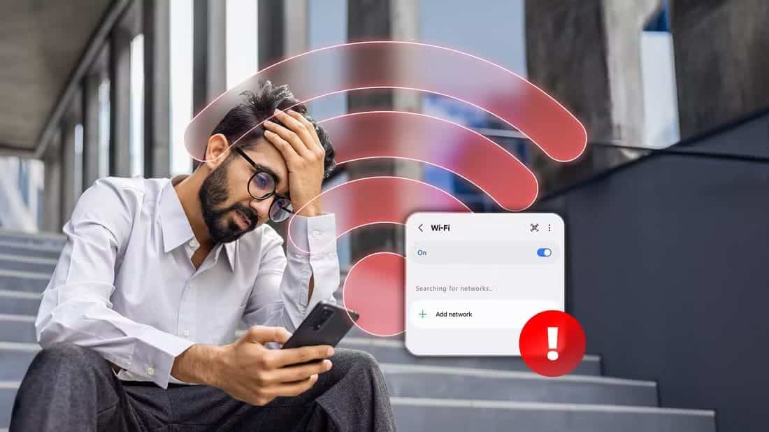 a-frustrated-man-sitting-on-stairs-with-a-smartphone-a-red-wi-fi-symbol-overlayed-and-a-screen-showing-wi-fi-settings-with-a-warning-sign طريقة الاتصال بالإنترنت على أندرويد بدون شبكة Wi Fi