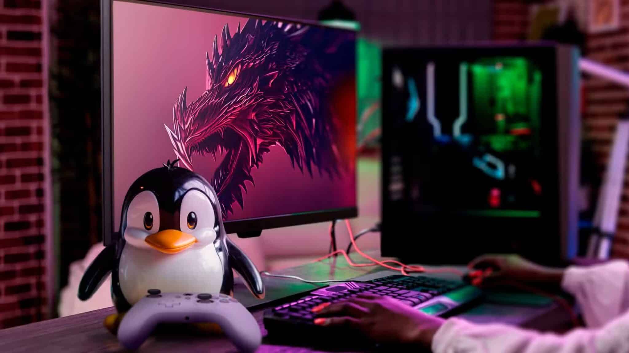 a-gaming-pc-with-garuda-linux-on-the-screen-and-tux-mascot-with-a-controller-next-to-it-scaled لماذا أصبحت Garuda Linux التوزيعة التي لا أستغني عنها بعد سنوات من الاستخدام اليومي