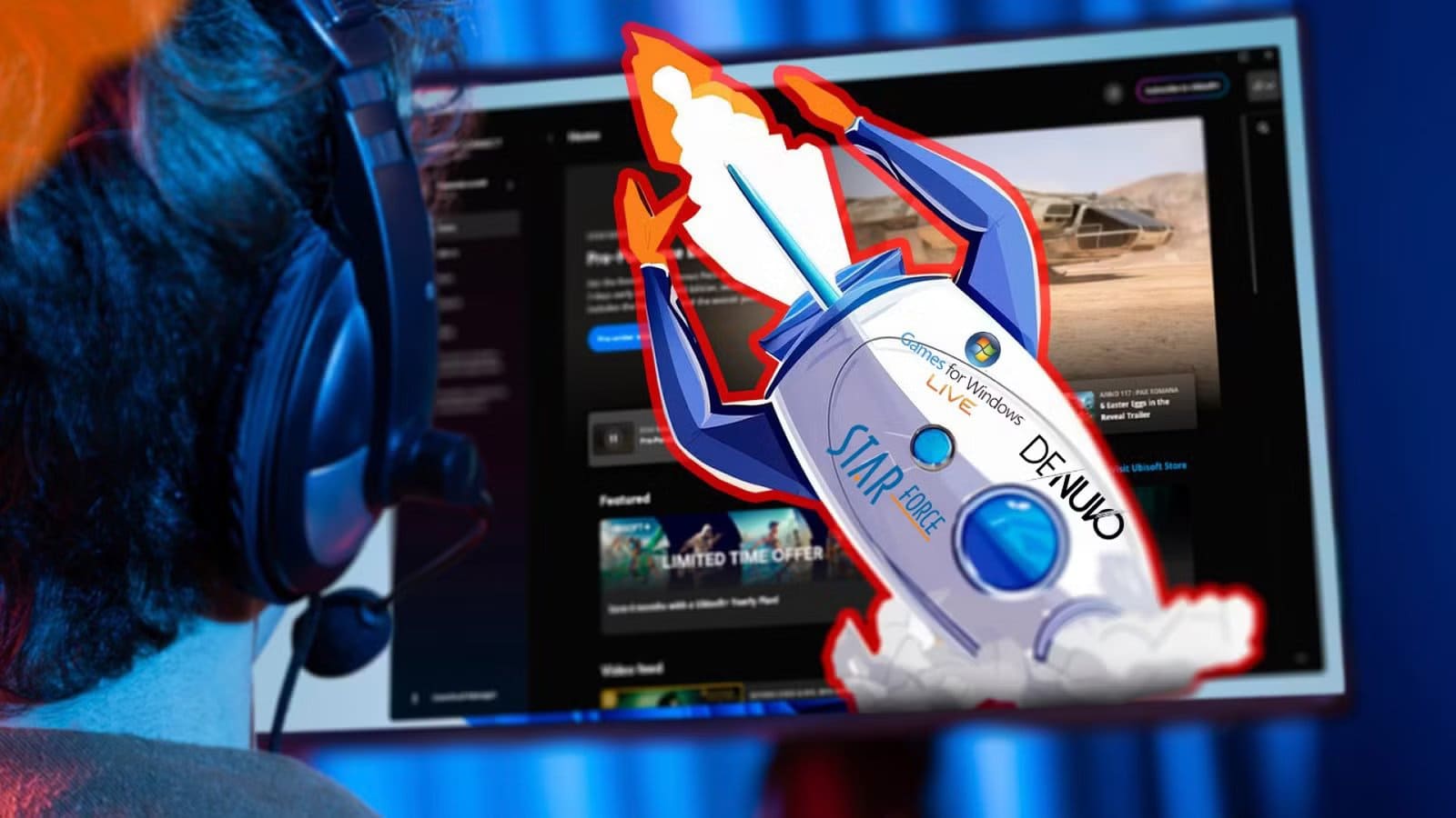 a-guy-using-a-gaming-pc-with-a-launcher-an-illustration-of-a-rocket-falling-down-and-starforce-games-for-windows-live-and-denuvo-logos-copy ما الذي يجعل Denuvo أفضل من حلول إدارة الحقوق الرقمية السابقة