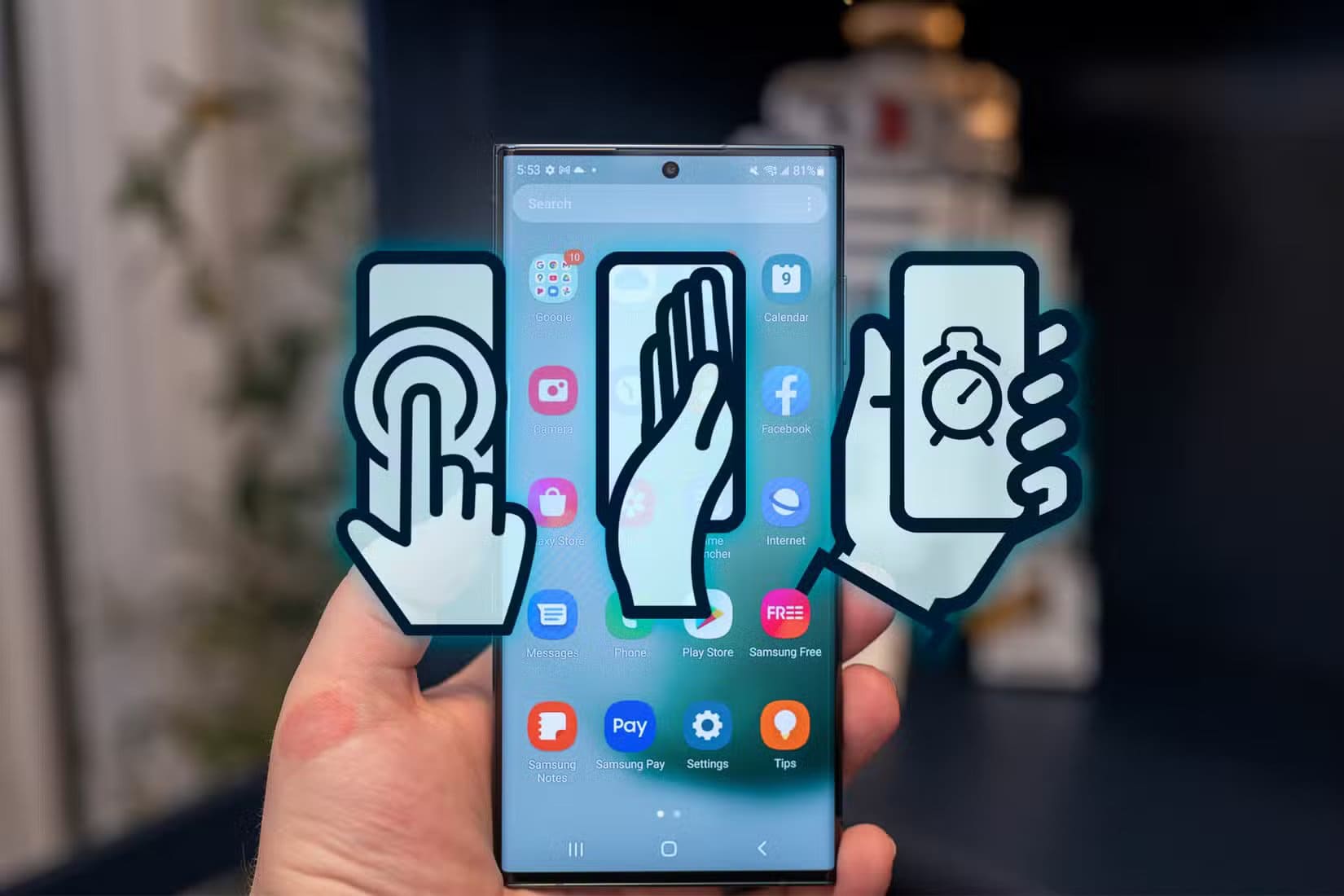 a-hand-holding-a-samsung-galaxy-phone-and-three-gesture-icons-in-the-center مميزات خفية في Samsung Galaxy ستغير طريقة استخدامك للهاتف