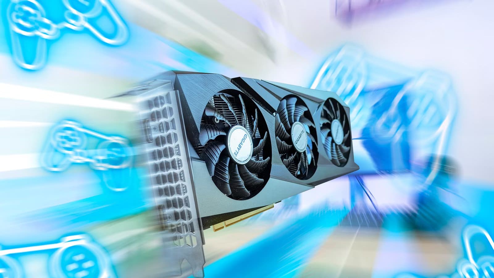 a-high-speed-gpu-heading-towards-a-computer-screen-with-some-video-game-controller-icons-around-it تشغيل ألعاب DLSS باستخدام AMD FSR 4 بخطوات بسيطة