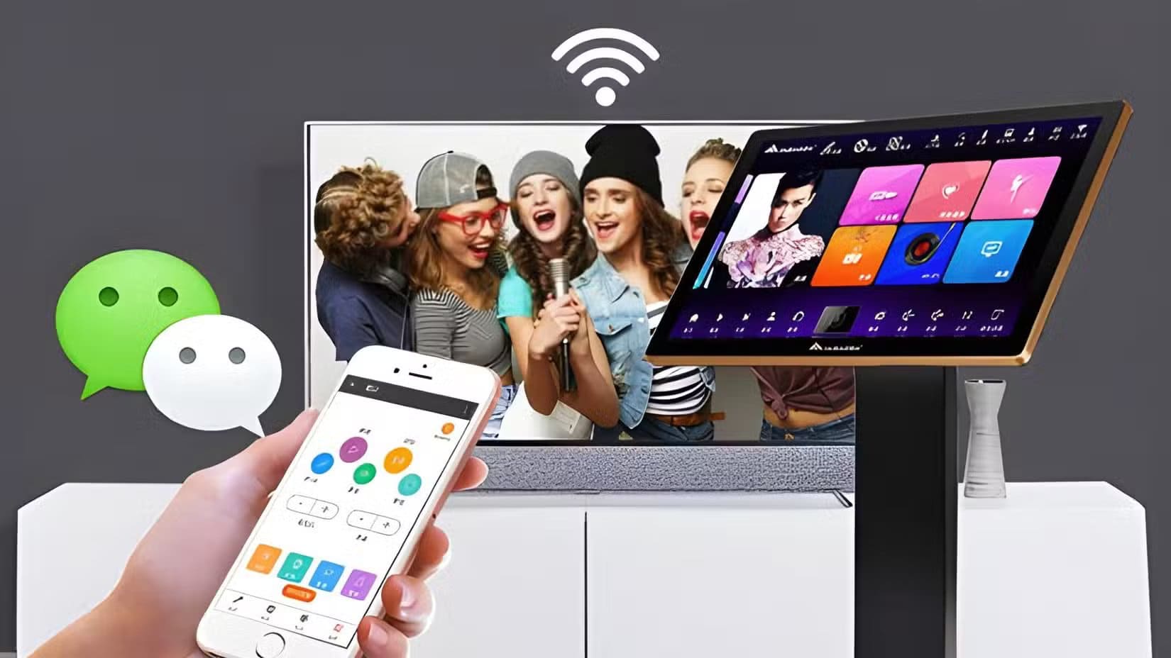 a-karaoke-machine-next-to-a-portable-screen-in-front-of-a-tv-stand-with-a-tv أفضل استخدامات مبتكرة للشاشة المحمولة في حياتك اليومية