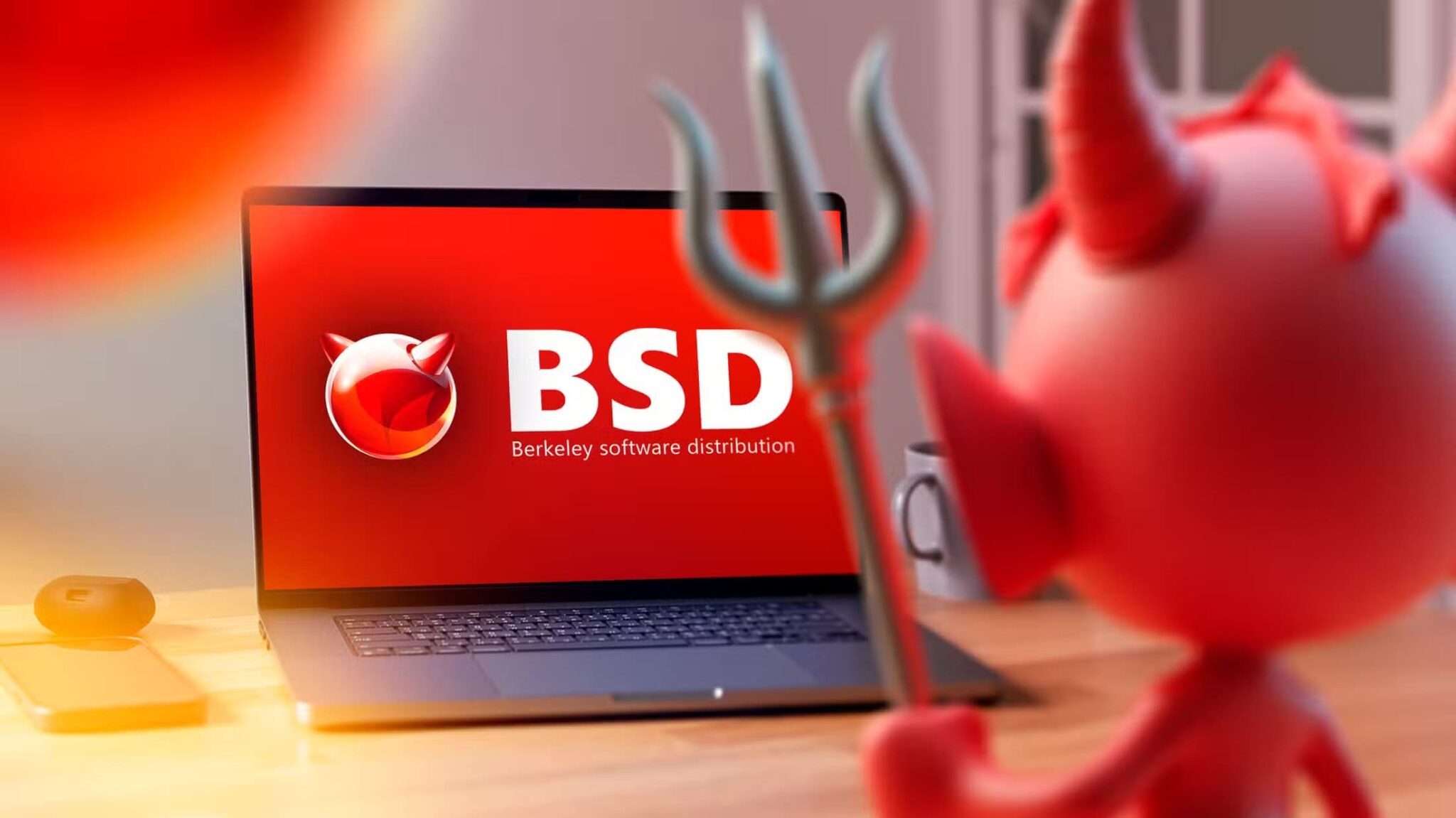 a-laptop-on-a-wooden-table-with-the-bsd-logo-on-the-screen-and-a-blurred-devil-in-the-foreground-looking-to-the-laptop-scaled أفضل أنظمة BSD التي تمنحك تجربة مختلفة عن Linux