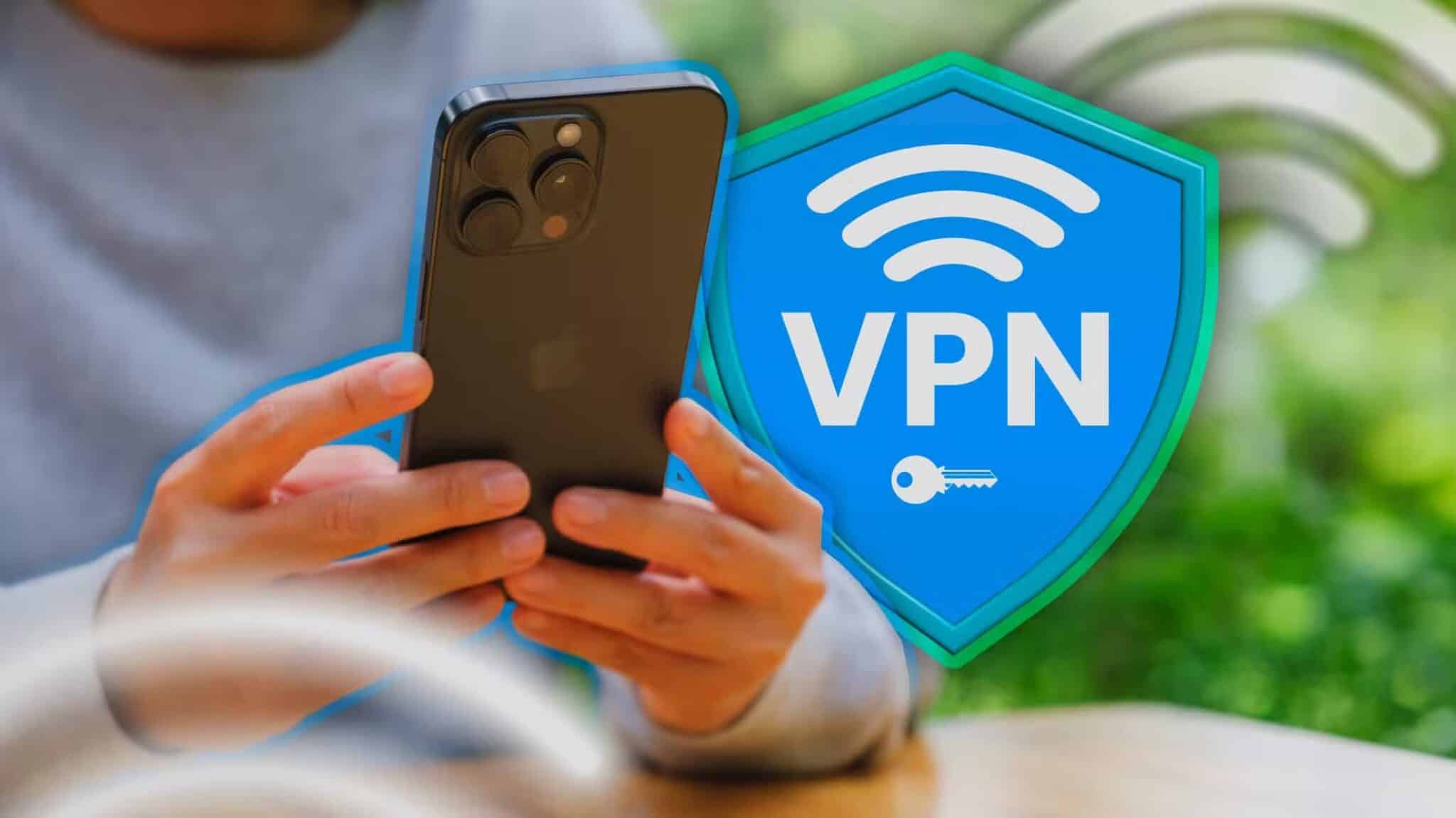 a-person-using-an-iphone-with-a-vpn-shield-icon-next-to-it-scaled مخاطر استخدام شبكات VPN المجانية التي قد تعرض بياناتك للخطر