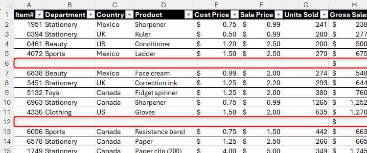 a-product-profit-table-in-excel-with-two-blank-rows-highlighted أفضل طرق تنظيم البيانات في Microsoft Excel بكفاءة