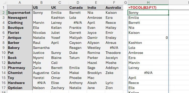 a-single-1d-column-of-names-in-microsoft-excel-extracted-from-a-2d-array-using-the-tocol-function تحويل الصفوف والأعمدة بسهولة باستخدام TOCOL وTOROW في Excel