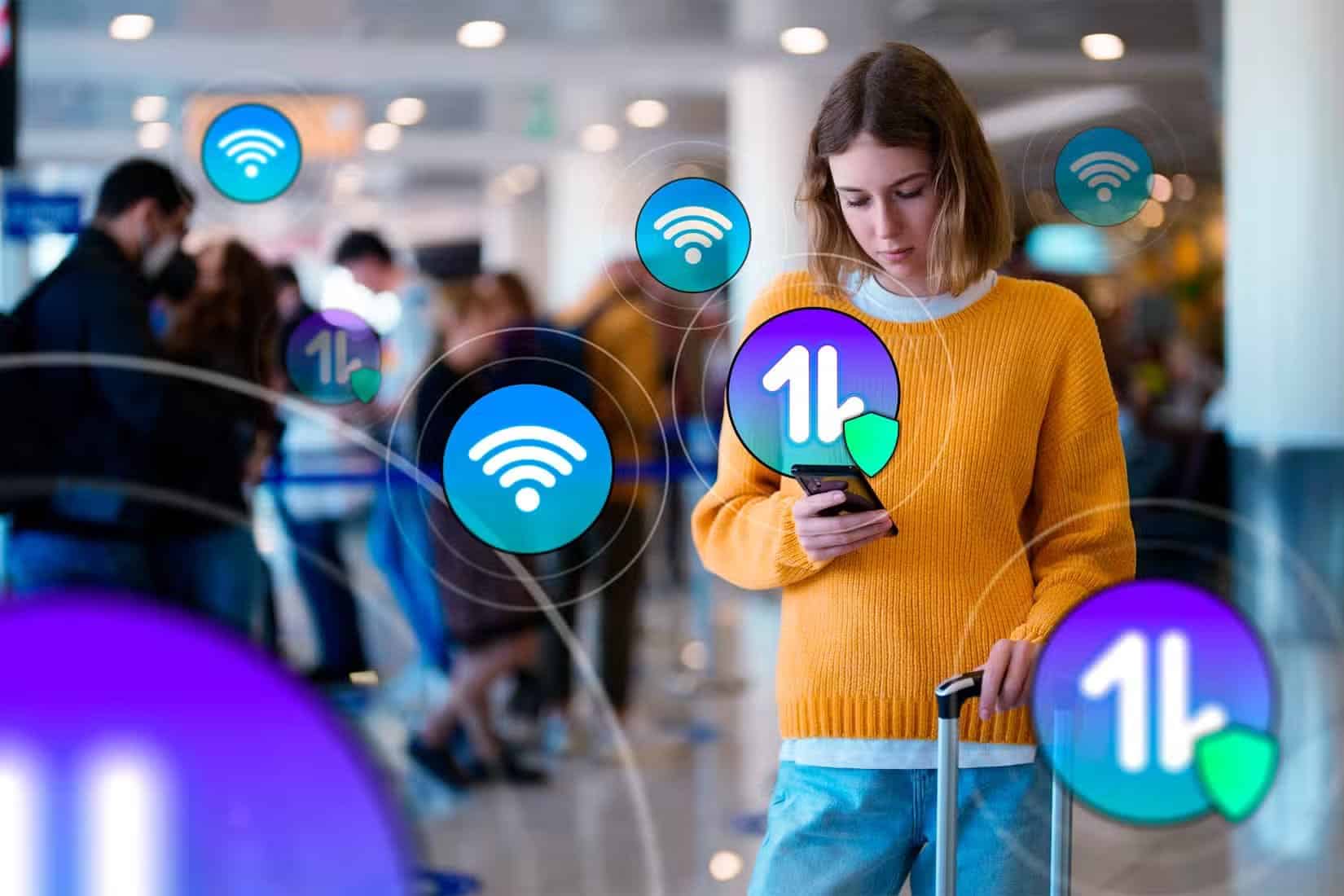a-woman-using-her-phone-in-an-airport-with-several-wi-fi-and-cellular-data-icons-around-her الحقيقة وراء إيقاف الموقع ولماذا يستمر التتبع رغم ذلك