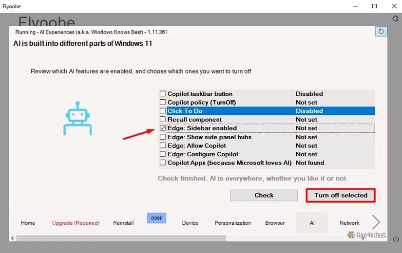 ai-tab-in-the-flyoobe-app طريقة تثبيت Windows 11 بدون ميزات الذكاء الاصطناعي بسهولة