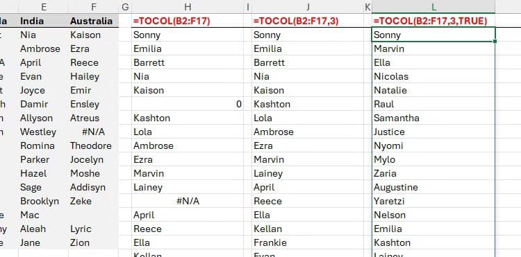 all-arguments-of-a-microsoft-excel-tocol-formula-are-included-to-ignore-blanks-and-errors-and-scan-the-source-by-column تحويل الصفوف والأعمدة بسهولة باستخدام TOCOL وTOROW في Excel