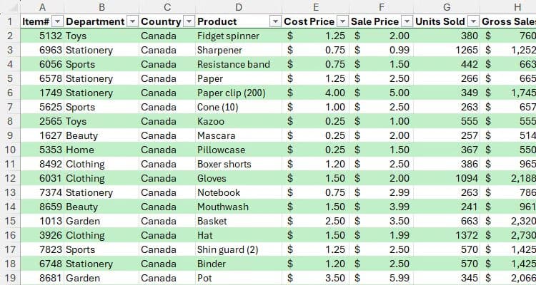 an-excel-dataset-formatted-in-light-green-table-style-light-4 أفضل طرق تنظيم البيانات في Microsoft Excel بكفاءة