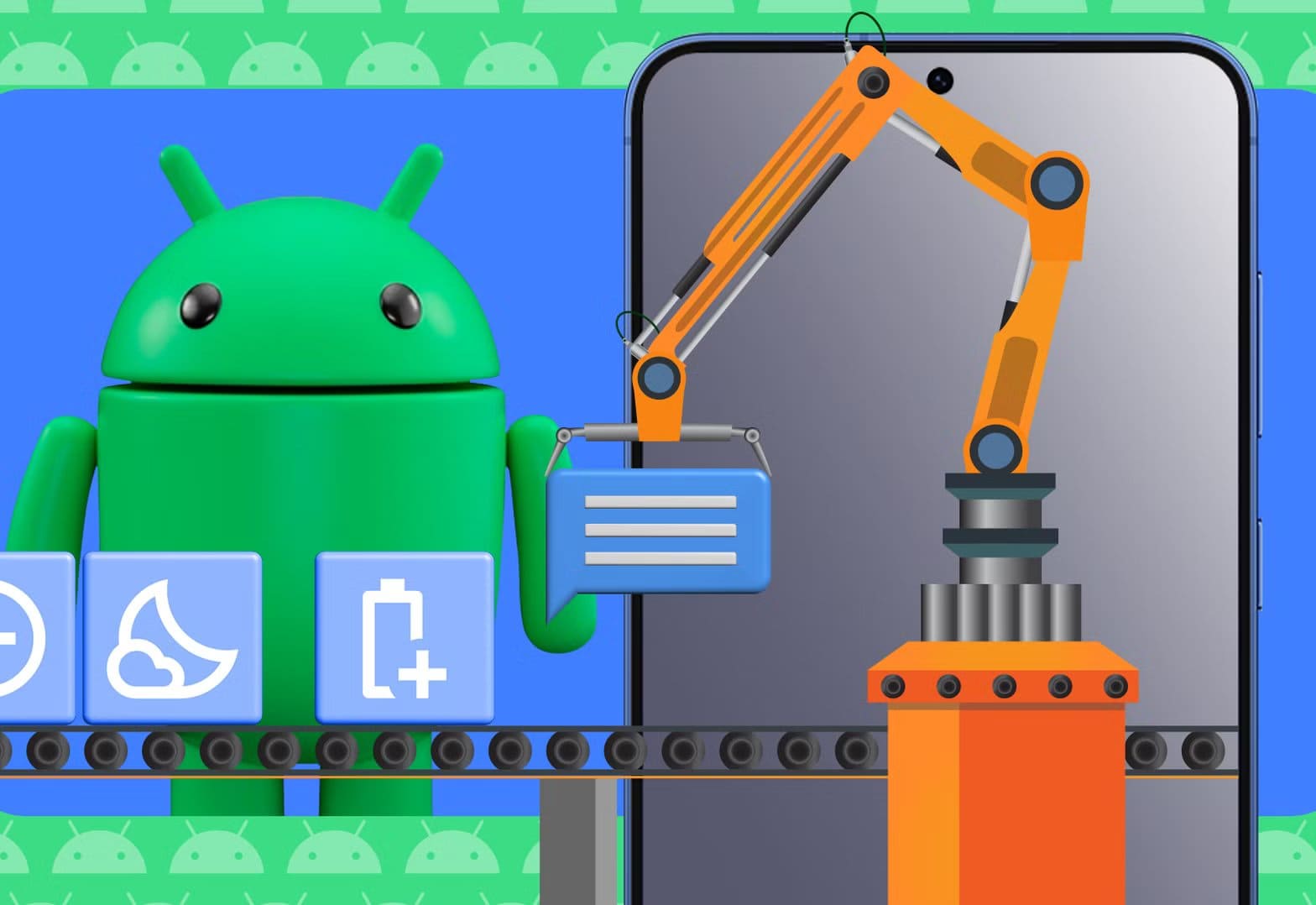 android-mascot-standing-next-to-a-smartphone-with-a-robotic-arm-holding-a-message-icon-on-a-conveyor-belt تسع ميزات أندرويد خفية لا يعرفها معظم المستخدمين